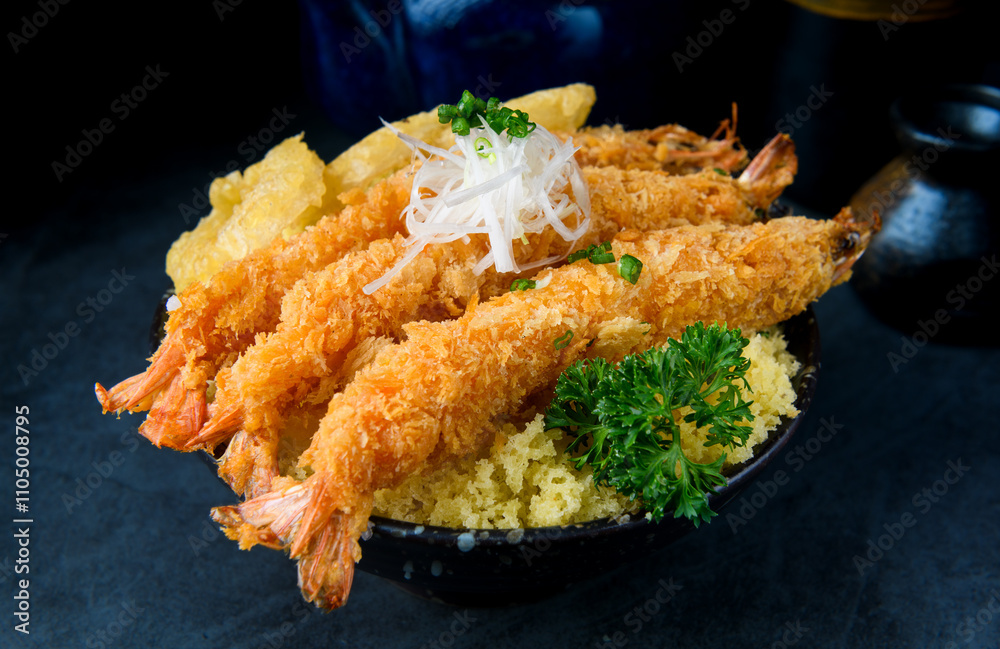Ebi donburi or deep fried shrimps with rice