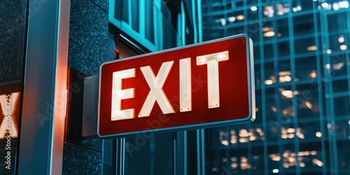 A glowing red exit sign illuminated against a modern building backdrop, signaling a way out in a city environment. photo