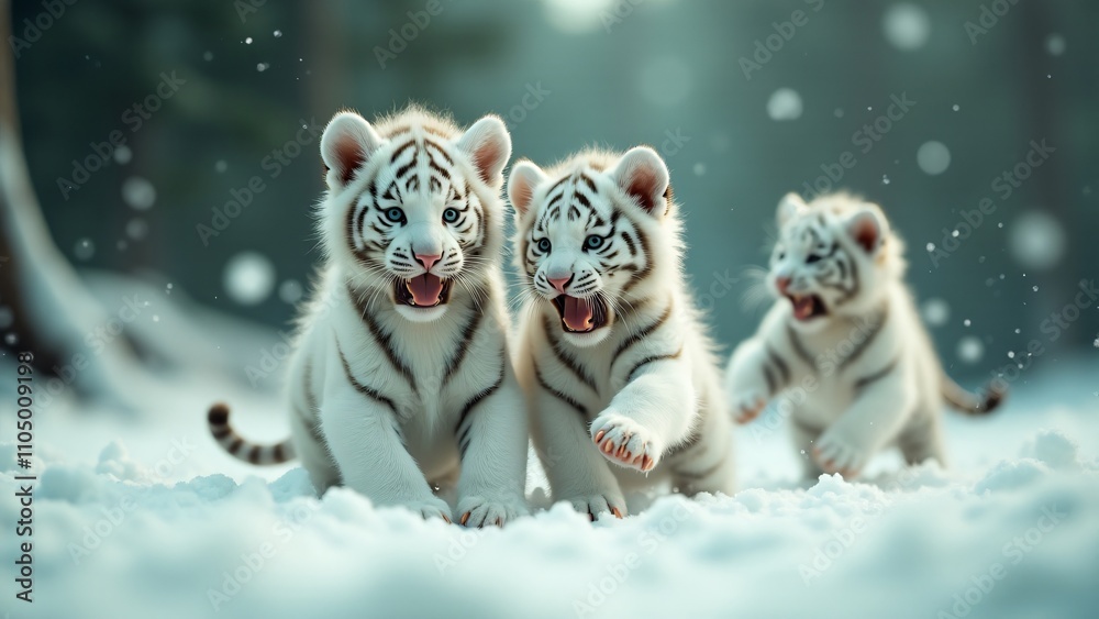 Playful white Bengal tiger cubs frolic in the snow or jungle, pouncing and tumbling. Their fluffy fur and joyful energy create a heartwarming, magical scene of innocence. Playful white Bengal tiger cubs frolic in the snow or jungle, pouncing and tumbling. Their fluffy fur and joyful energy create a heartwarming, magical scene of innocence.