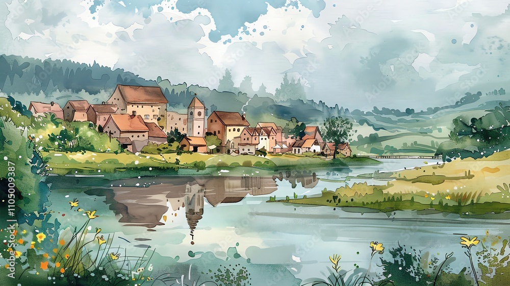 Obraz premium A watercolor painting of a village by a river, with rolling hills and a cloudy sky in the background.