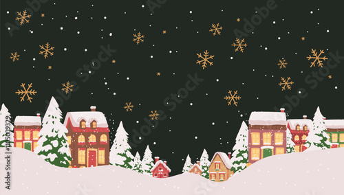 Winter village night scene snowflakes snowfall cozy houses pine trees snowy landscape festive holiday theme dark background