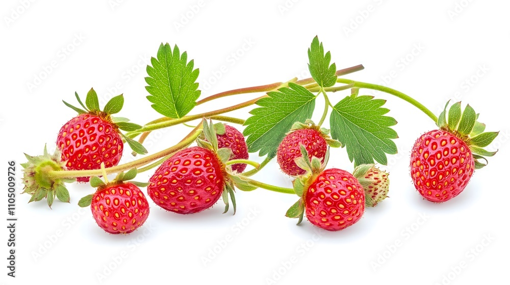 Fresh ripe strawberries on vine with green leaves isolated on white. Fresh ripe strawberries on vine with green leaves isolated on white.