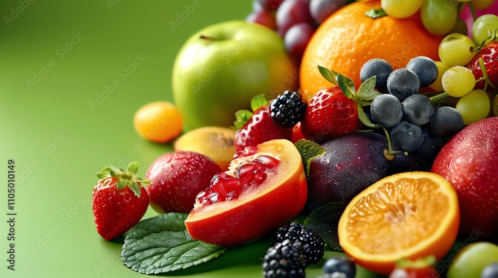 A variety of fresh fruits arranged on a green background. A variety of fresh fruits arranged on a green background.