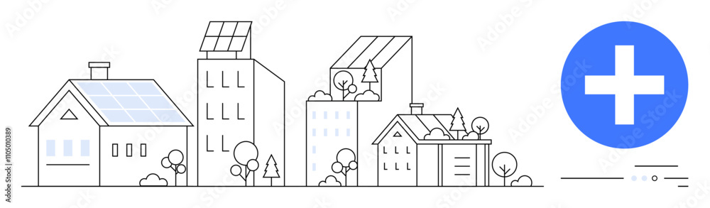 Solar panels on houses and buildings, trees, and bushes representing eco-friendly urban living. Ideal for sustainability, renewable energy, urban planning, green architecture, environmental Solar panels on houses and buildings, trees, and bushes representing eco-friendly urban living. Ideal for sustainability, renewable energy, urban planning, green architecture, environmental