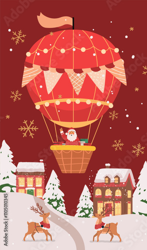 Santa in hot air balloon Christmas scene festive holiday winter landscape with reindeer snowflakes decorated houses snow-covered trees red background