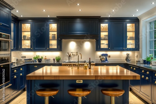A bright kitchen with glossy navy blue cabinets, brass hardware, and soft ambient lighting, featuring a large island with wooden countertops and integrated appliances.