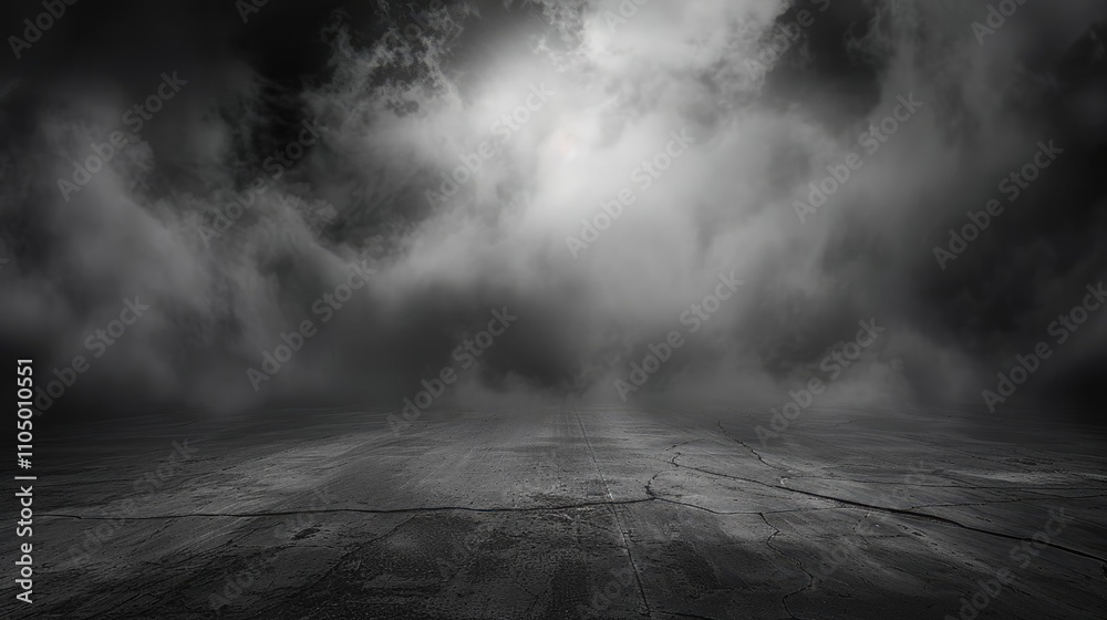 Abstract dark room with concrete floor and foggy white clouds on black background. Abstract dark room with concrete floor and foggy white clouds on black background.