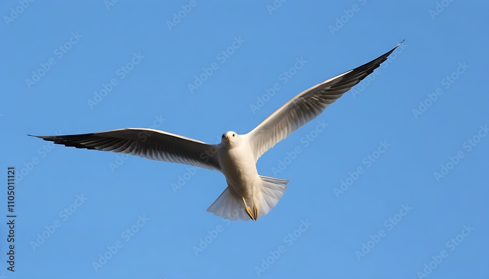 Obraz premium A seagull soaring in the vast blue sky, displaying the beauty of nature with its wide wings.