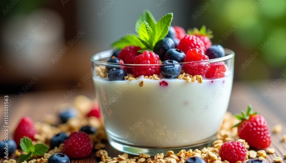 Fruit filled yogurt bowl on table or Mixed fruit topped yogurt cup Fruit filled yogurt bowl on table or Mixed fruit topped yogurt cup