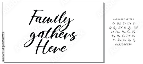 Family gathers here, Wording design, lettering, Family birds silhouettes on branch and heart illustration, artwork design, Modern poster in a frame