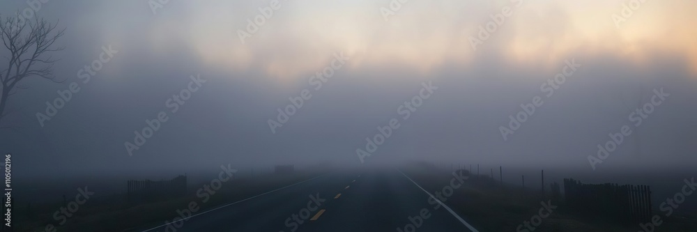 Fog rolling in over a deserted road on Halloween evening, glowing jack-o-lanterns, misty landscape, foggy night Fog rolling in over a deserted road on Halloween evening, glowing jack-o-lanterns, misty landscape, foggy night