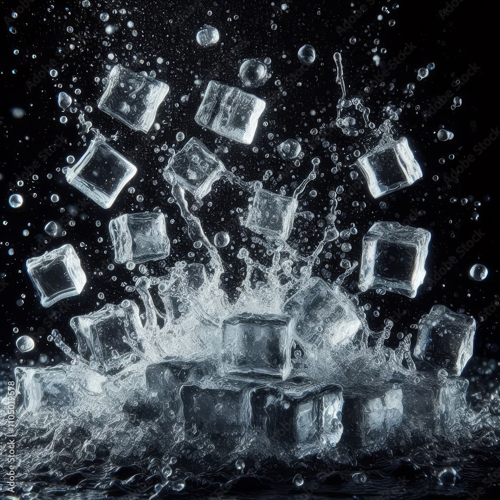 ice cubes with water particles splash in motion air, on black background for overlay
ice cubes with water particles splash in motion air, on black background for overlay