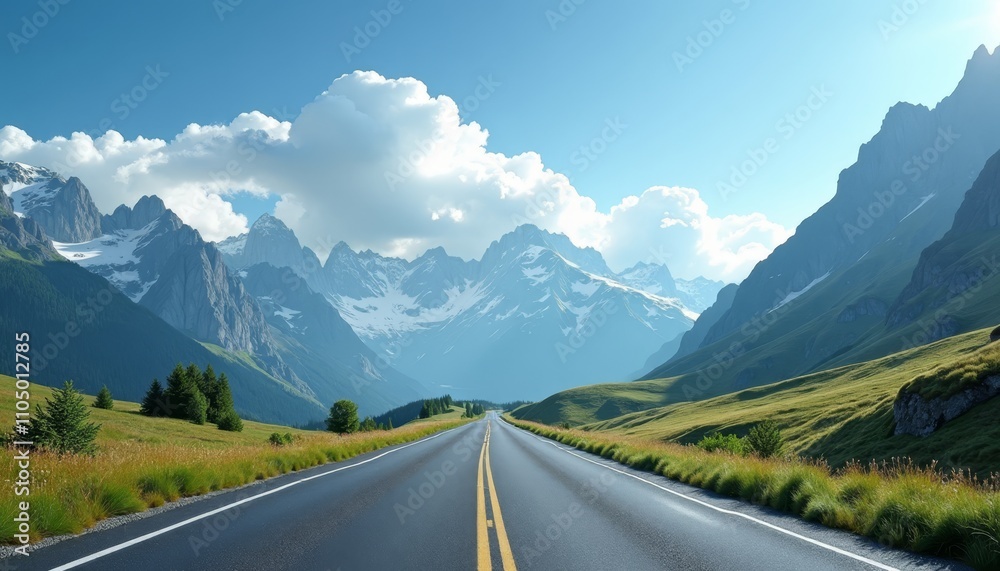 Naklejka premium Long straight road leading through a mountainous valley with majestic snow-capped peaks on either side