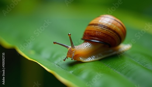 Cute snail on leafy green surface photo