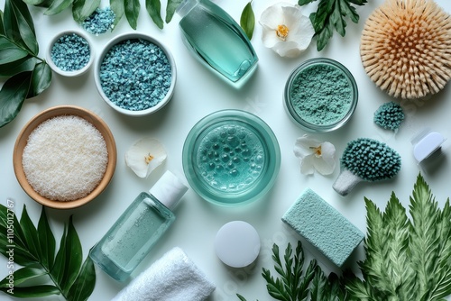 Morning skincare essentials like cleanser, toner, and moisturizer neatly arranged , highlighting self-care. photo