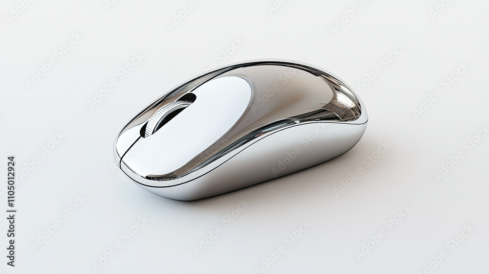 A stylish minimalist mouse in polished chrome with a smooth rounded surface, a flat design, and no visible seams, displayed on a bright white background. A stylish minimalist mouse in polished chrome with a smooth rounded surface, a flat design, and no visible seams, displayed on a bright white background.