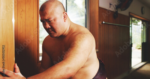 Photography Sport, training and exercise for sumo, wrestling and strong with preparation, culture and technique in Japan
