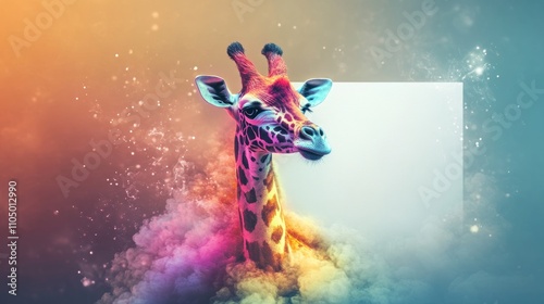 Colorful Giraffe Emerging From Vibrant Smoke Clouds photo