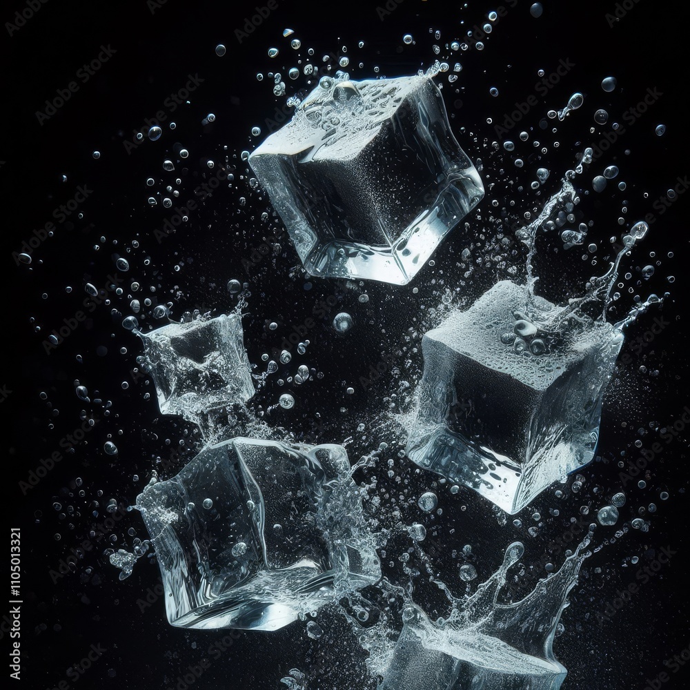 Obraz premium ice cubes with water particles splash in motion air, on black background for overlay 