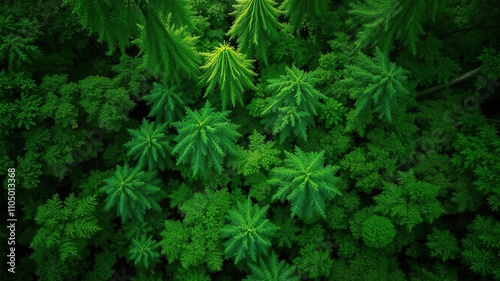 from the top amidst a lush green forest background, metal, plants