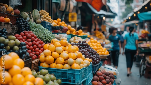 A vibrant market scene filled with colorful fruits and people shopping.