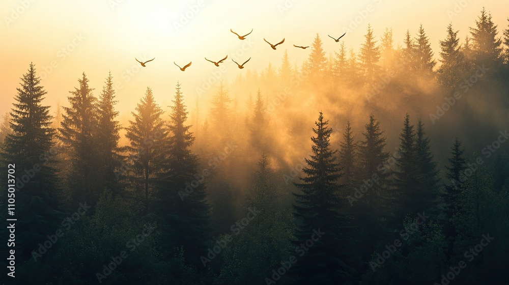 Obraz premium A tranquil image of birds flying in a loose V formation over a quiet forest landscape, drenched in golden morning light, with sharp, realistic textures and fine details in an 8K finish.