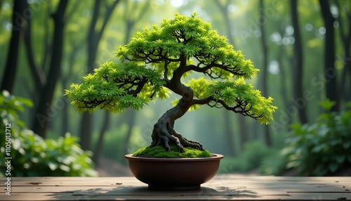 Beautiful bonsai tree in a pot on wooden surface