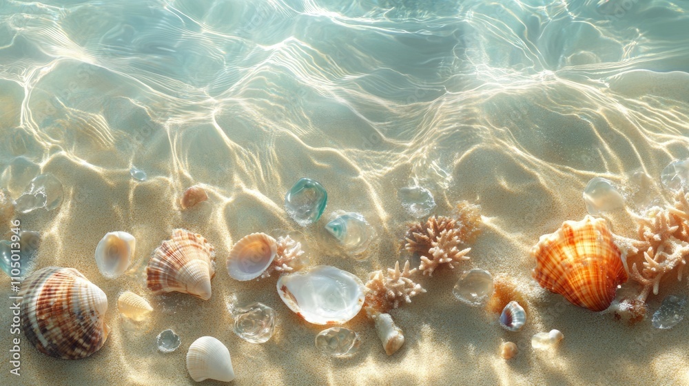 A tranquil underwater beach scene with scattered coral fragments, seashells, and translucent glass pebbles arranged naturally on rippled sand. The interplay of light and water enhances the realism. A tranquil underwater beach scene with scattered coral fragments, seashells, and translucent glass pebbles arranged naturally on rippled sand. The interplay of light and water enhances the realism.