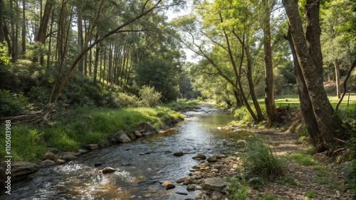 Gentle stream flows through a shaded glade, forest stream, dappled light