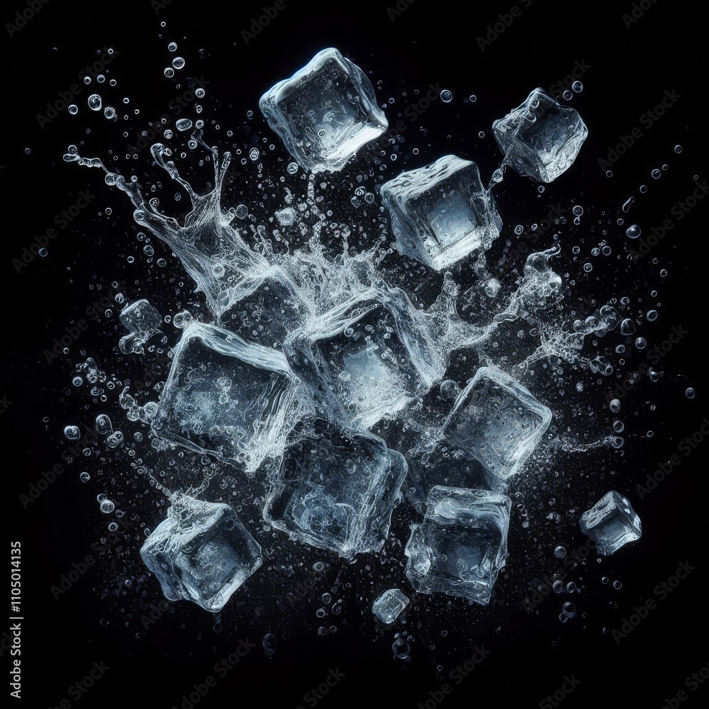 ice cubes with water particles splash in motion air, on black background for overlay
