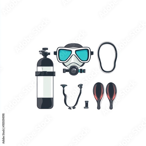 Scuba Diving Equipment Illustration: Mask, Fins, Tank, and Snorkel