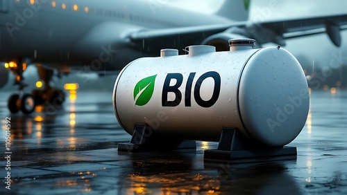 Conceptual image of green, eco-friendly fuel for aviation, symbolizing the sustainable future of air travel with a focus on environmental conservation. photo