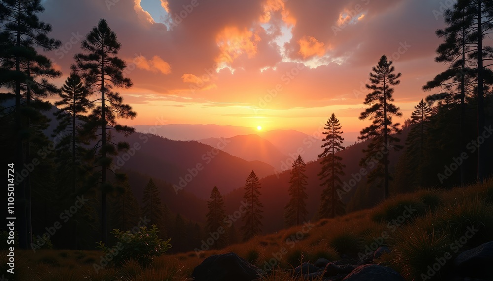 Fototapeta premium Sunset over a mountain range with silhouetted trees in foreground