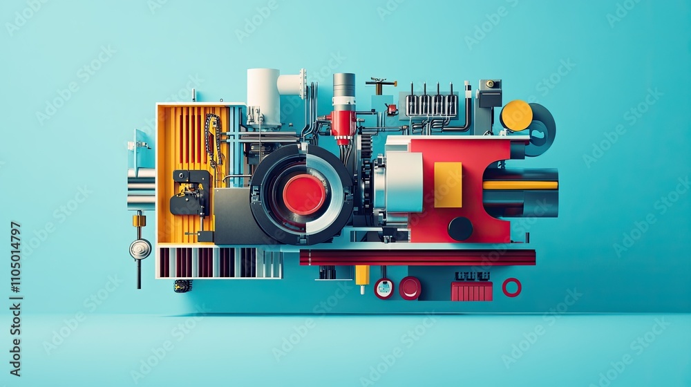 Obraz premium A visually engaging first slide design with a cross-section of a working machine, vibrant colors for key components, and clear spaces for bold headings, wide page layout.