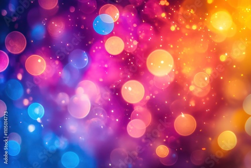 Abstract colorful bokeh background with blurred lights in blue, purple, and orange hues.