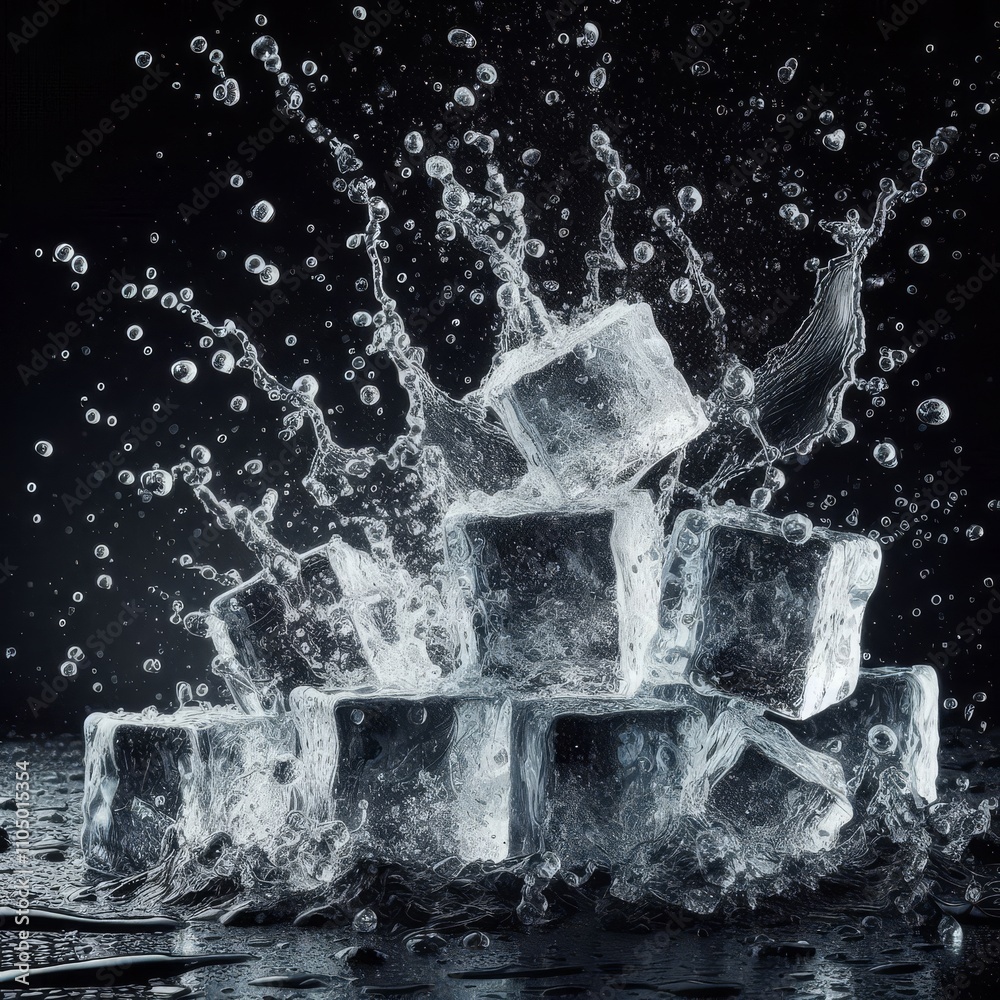 Obraz premium ice cubes with water particles splash in motion air, on black background for overlay 