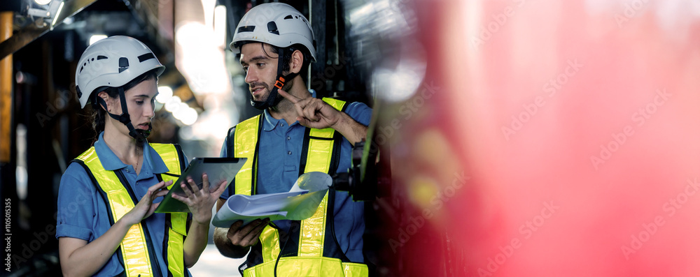 Obraz premium Engineer checking construction process railway and checking work on railroad station . Railway engineer checking machines in train station. Train engineer concept