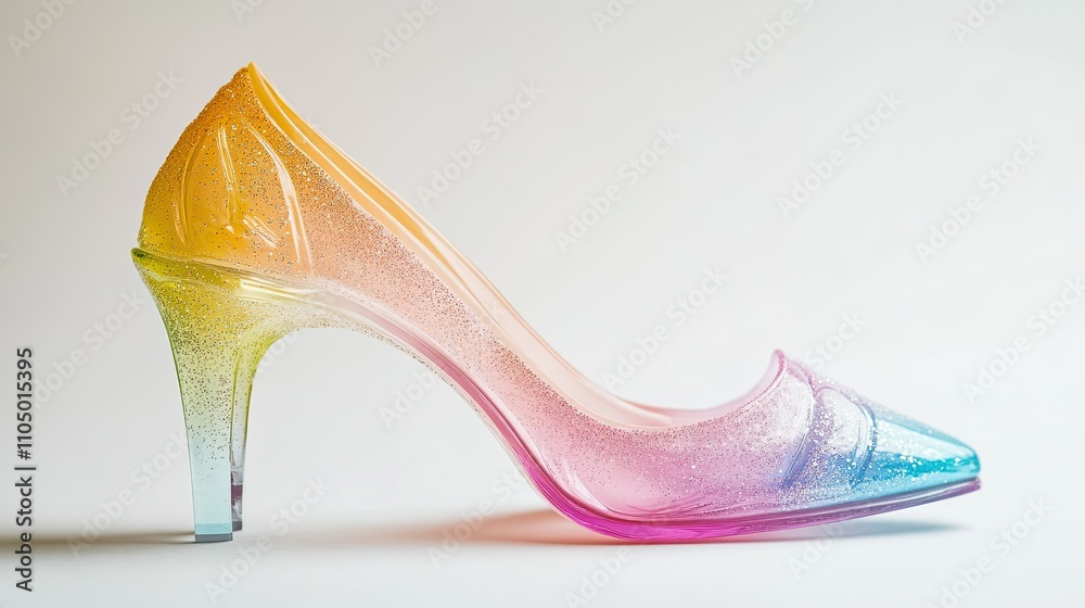 A whimsical pair of high heels with a pastel ombre design, a transparent acrylic heel, and glitter details, standing out vibrantly on a white background. A whimsical pair of high heels with a pastel ombre design, a transparent acrylic heel, and glitter details, standing out vibrantly on a white background.