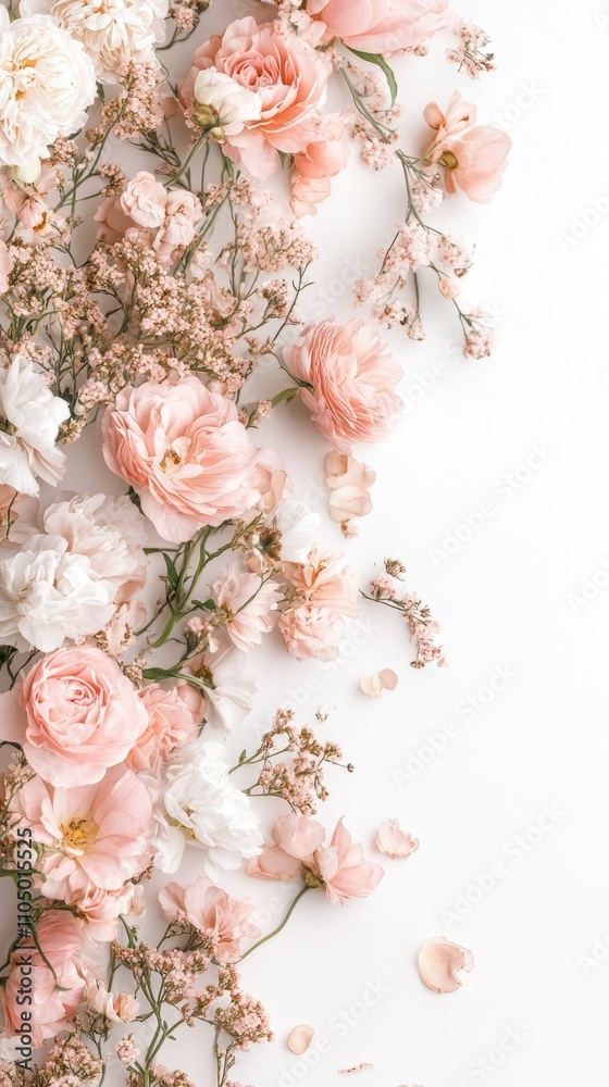 A white background featuring delicate dusty pink flowers cascading gracefully down the left side. The floral arrangement transitions from dense blooms at the top to scattered petals near the bottom, A white background featuring delicate dusty pink flowers cascading gracefully down the left side. The floral arrangement transitions from dense blooms at the top to scattered petals near the bottom,