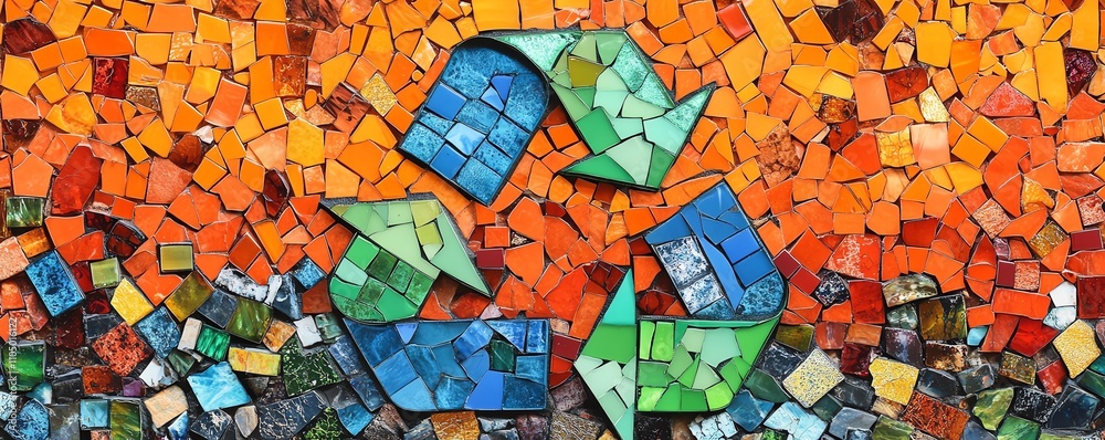 Obraz premium A colorful glass mosaic of the recycling symbol on a lively orange background, with intricate designs representing ecoconsciousness and recycling efforts