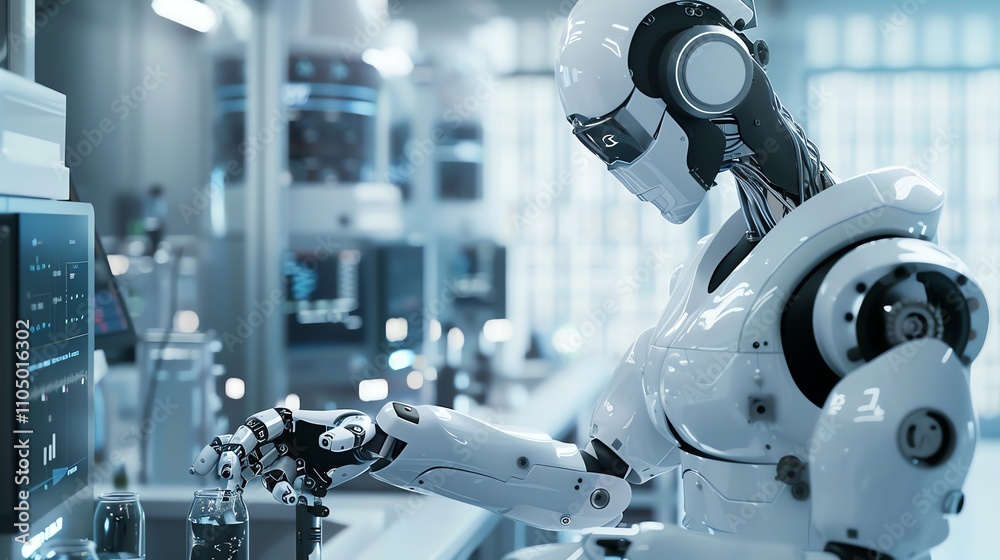 A humanoid robot is working in a laboratory setting, using its robotic arm to conduct an experiment. A humanoid robot is working in a laboratory setting, using its robotic arm to conduct an experiment.