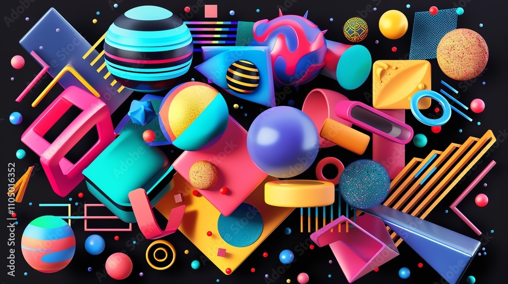 A chaotic and colorful collection of 3D geometric shapes on a black background.