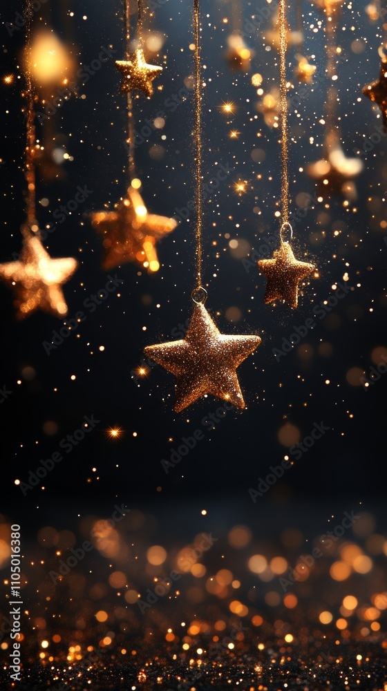 Golden stars hang with glittering lights against a dark backdrop, creating a festive and enchanting atmosphere. Golden stars hang with glittering lights against a dark backdrop, creating a festive and enchanting atmosphere.