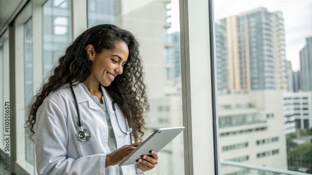 Smiling Female Doctor Using Tablet Modern Office City View Smiling Female Doctor Using Tablet Modern Office City View