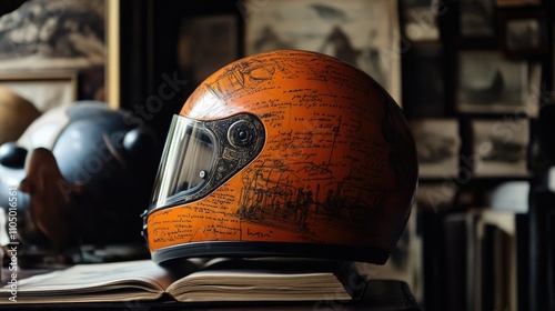 An eye-catching motorcycle helmet in bright orange, decorated with Da Vinci iconic mechanical sketches and handwritten notes. The design blends classical art with modern functionality. photo