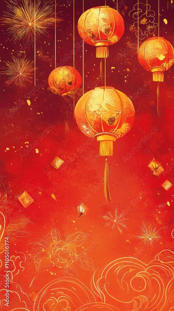 Celebrate Chinese New Year with a striking poster showcasing a vibrant red background. The design features dazzling golden fireworks, glowing lanterns, and finely crafted Chinese characters Celebrate Chinese New Year with a striking poster showcasing a vibrant red background. The design features dazzling golden fireworks, glowing lanterns, and finely crafted Chinese characters