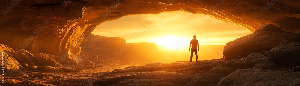 A lone man silhouetted against the warm colors of a sunset at the entrance of a cave, with light streaming through the natural arch A lone man silhouetted against the warm colors of a sunset at the entrance of a cave, with light streaming through the natural arch