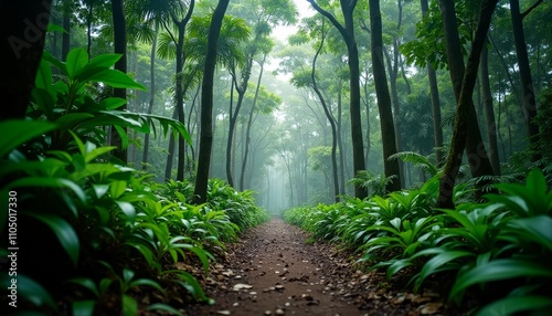 A winding path through a lush, misty forest filled with vibrant green foliage and towering trees photo