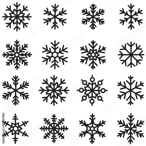 Collection of single snowflake illustrations in black and white, showcasing intricate and delicate designs, ideal for winter-themed artwork, holiday decorations, or digital graphic projects