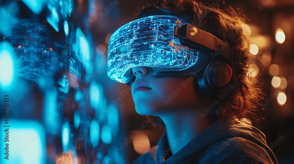 Young student immersed in a VR experience, exploring AI and machine learning concepts, surrounded by glowing blue holograms. Young student immersed in a VR experience, exploring AI and machine learning concepts, surrounded by glowing blue holograms.